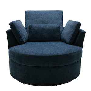 Navy Blue Chenille Upholstered 360° Swivel Accent Barrel Chair with Pillows(Set of 1)