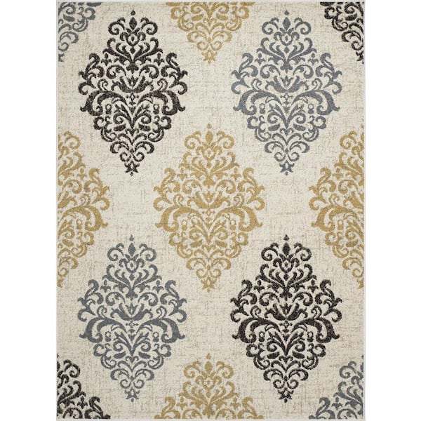 Concord Global Trading New Casa Damask Ivory/Yellow 3 ft. x 5 ft. Area Rug