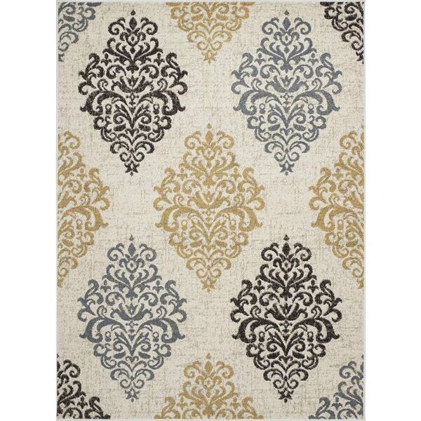 Concord Global Trading New Casa Damask Ivory/Yellow 5 ft. x 7 ft. Area Rug