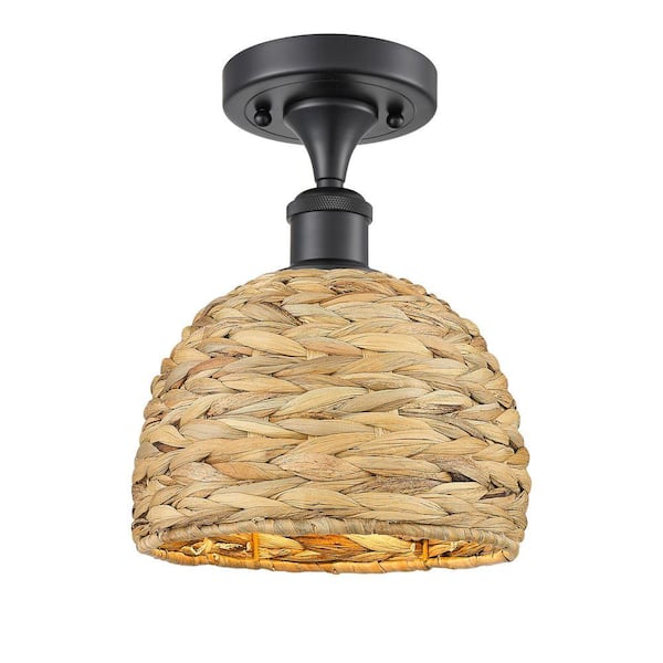 Woven Rattan 8 in. 1-Light Matte Black Farmhouse Semi-Flush Mount with Shade