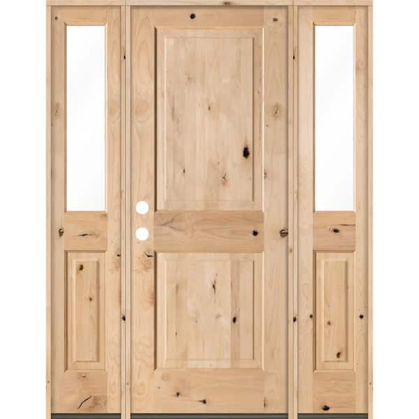 Krosswood Doors 60 in. x 80 in. Rustic Unfinished Knotty Alder Square-Top Wood Right-Hand Half Sidelites Clear Glass Prehung Front Door