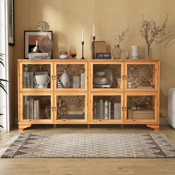 FUFU&GAGA Brown Wood 78.7 in. W Kitchen Sideboard Distressed Finished Storage Cabinet Vintage Style, with 8-Glass Doors