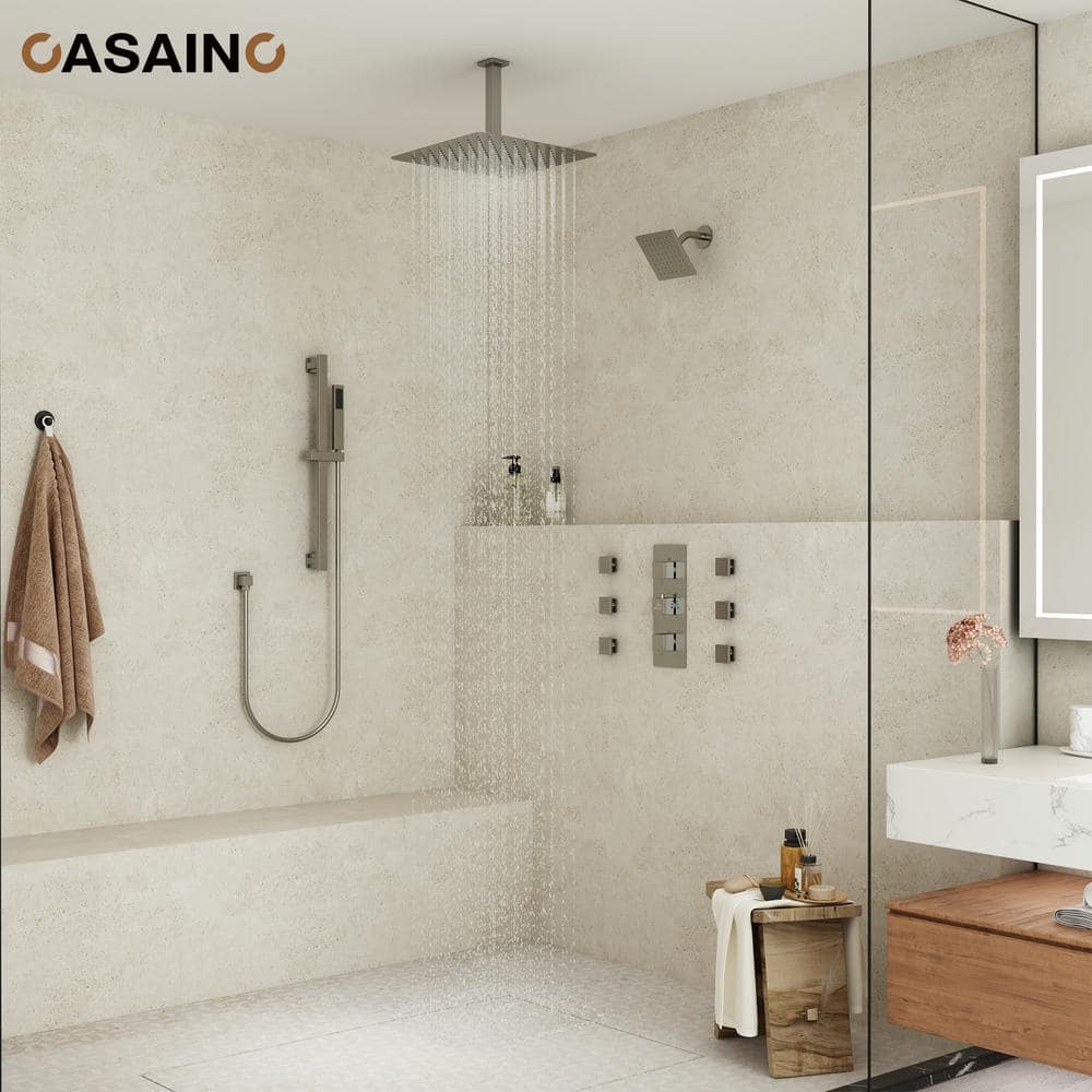 Brushed Nickel Large Square Rainfall Dual Shower Head System