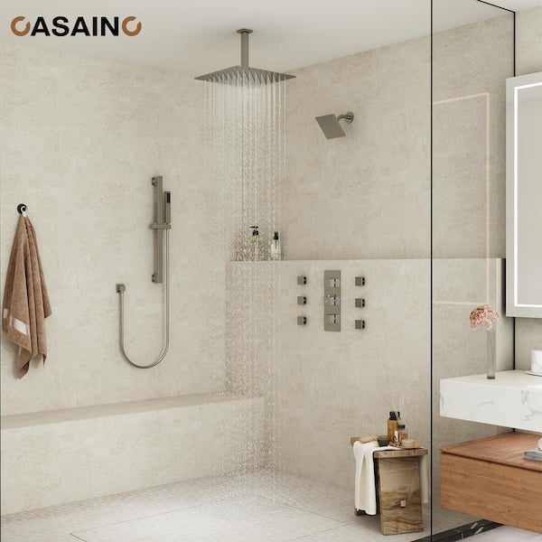 4 Function Single Handle 1-Spray Thermostatic Shower Faucet 1.8 GPM with Body Spray in. Brushed Nickel
