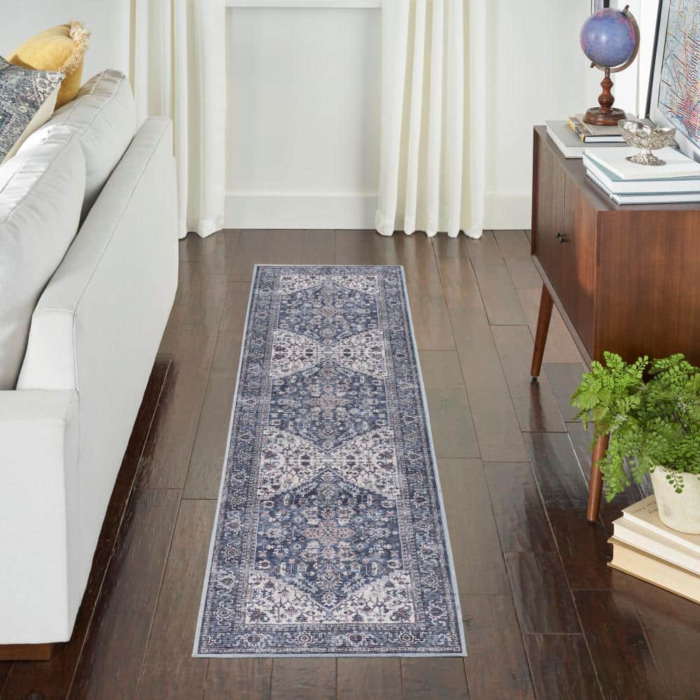 Navy Ivory Floral Cotton Chenille Runner Rug 2' x 6'
