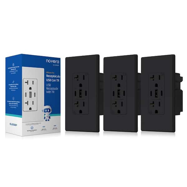 30W 6.0 Amp 3-Port USB Wall Outlet 20A Duplex Receptacle with Dual Type C and A Ports w/ Wall Plate, Matte Black 3-Piece