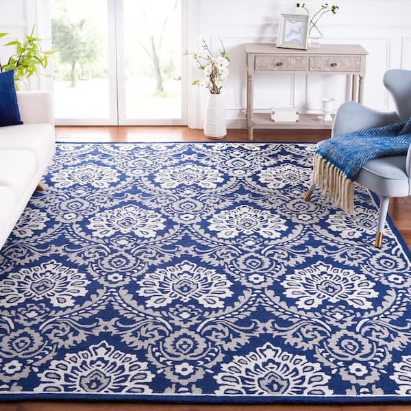 Blossom 10 ft. x 14 ft. Navy/Ivory Damask Area Rug