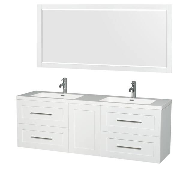 Wyndham Collection Olivia 72 in. W x 19 in. D Vanity in Glossy White with Acrylic Vanity Top in White with White Basins and 70 in. Mirror