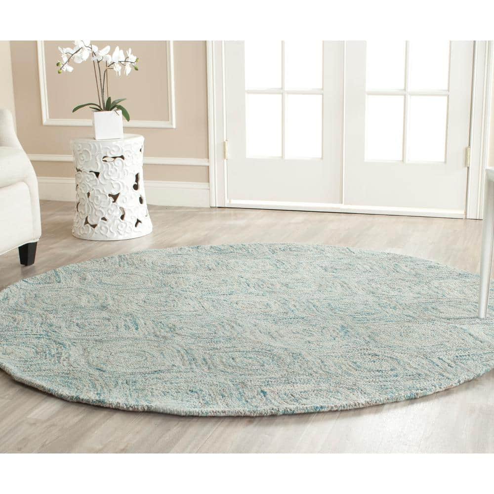 Ivory and Sea Blue Round Wool Geometric Area Rug, 6 ft.