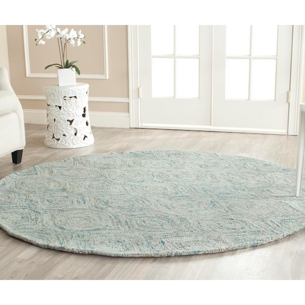 Ikat Ivory/Sea Blue 6 ft. x 6 ft. Round Geometric Area Rug