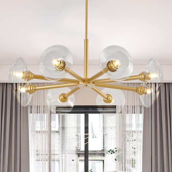 8-Light Gold Chandelier with Glass Shades, Adjustable Height for Dining Room, Living Room (No Bulb Included)