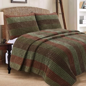 Warm Country Woods 3-Piece Dark Brown Green Cotton King Quilt Bedding Set