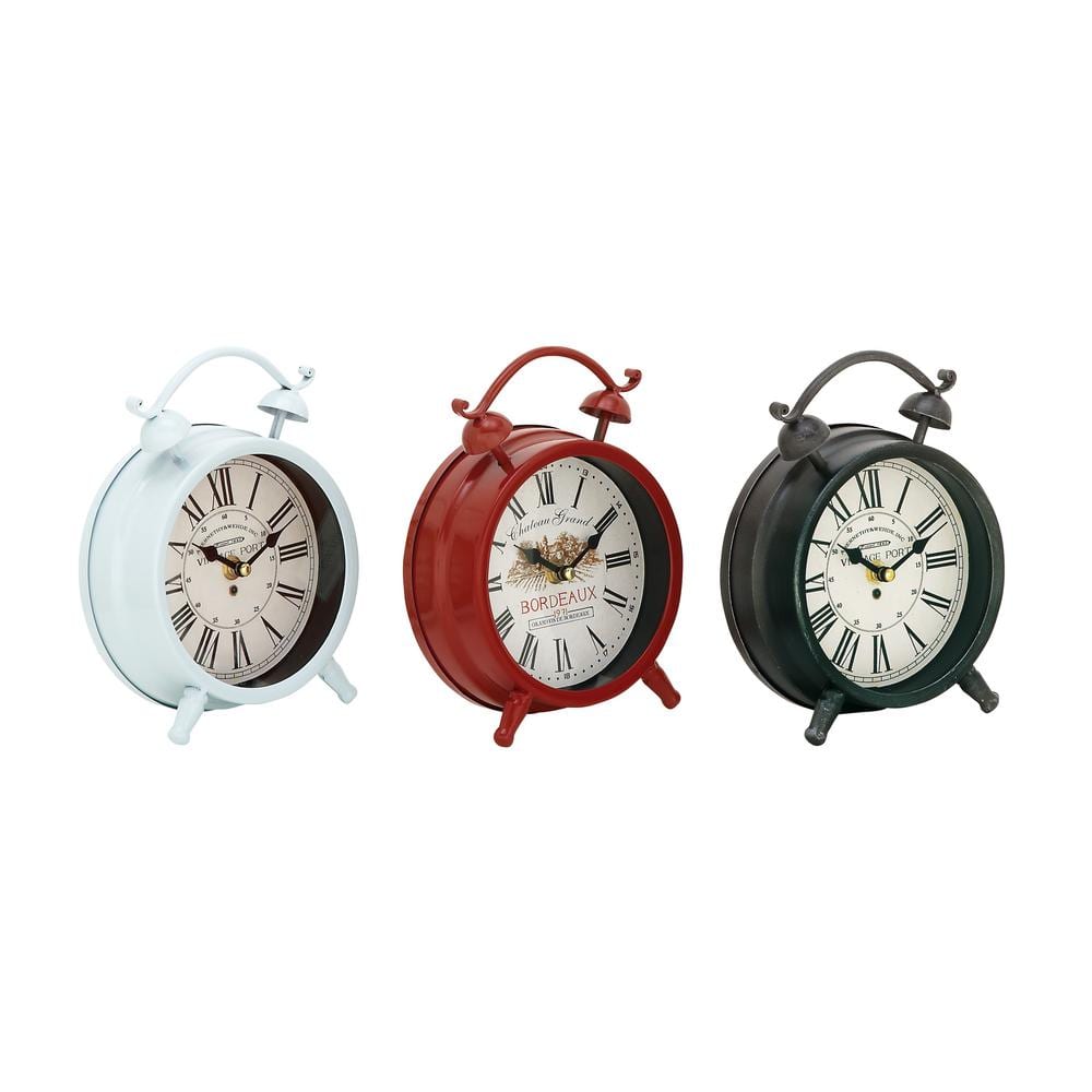 Multi-Colored Vintage Metal Round Tabletop Clocks Set of 3