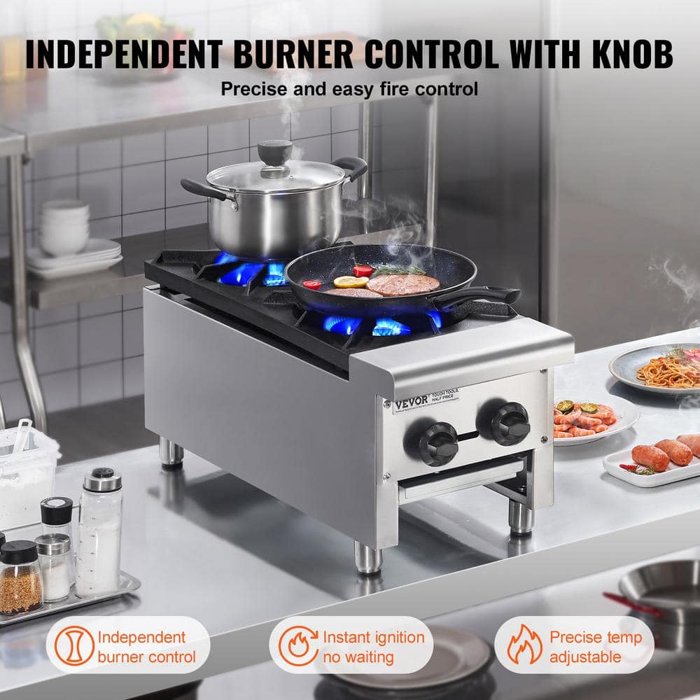 Silver Stainless Steel 2-Burner Gas Cooktop with Manual Ignition