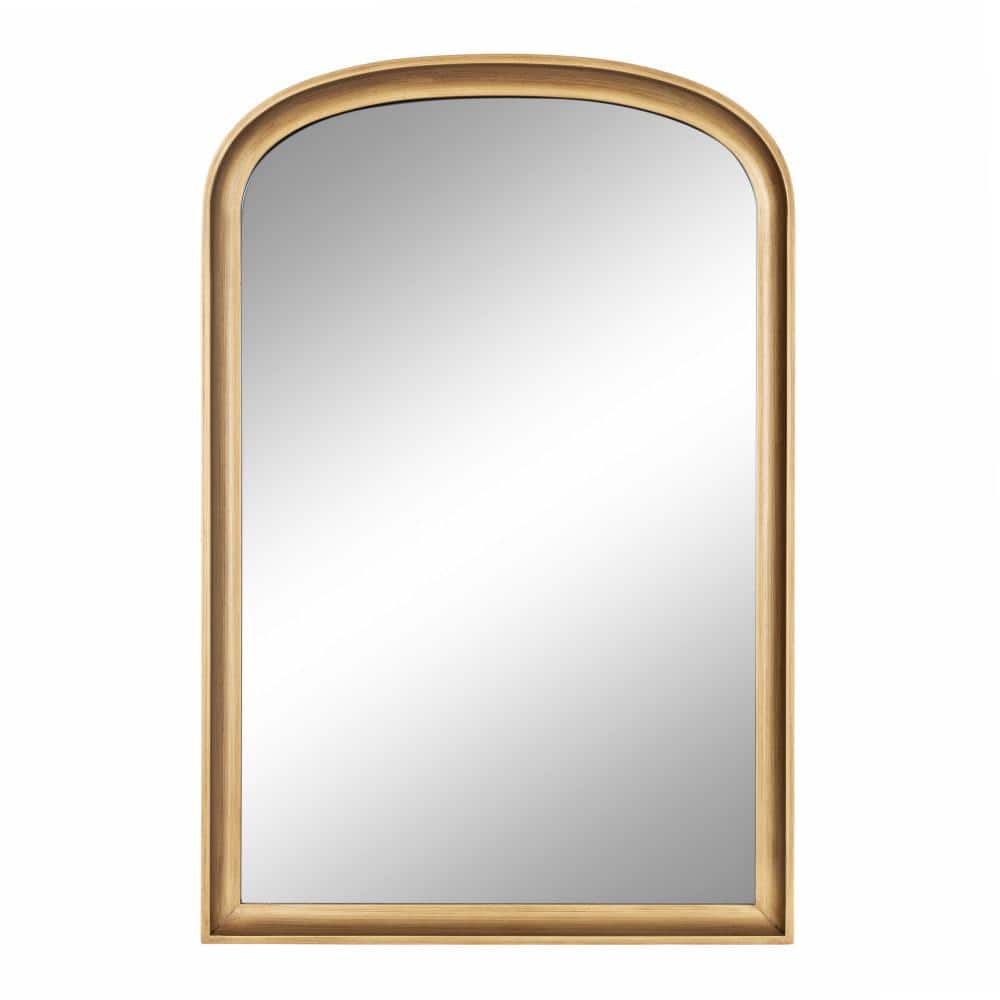 Gold Arched Wooden Wall Mirror with Basket Design, 24" x 36"