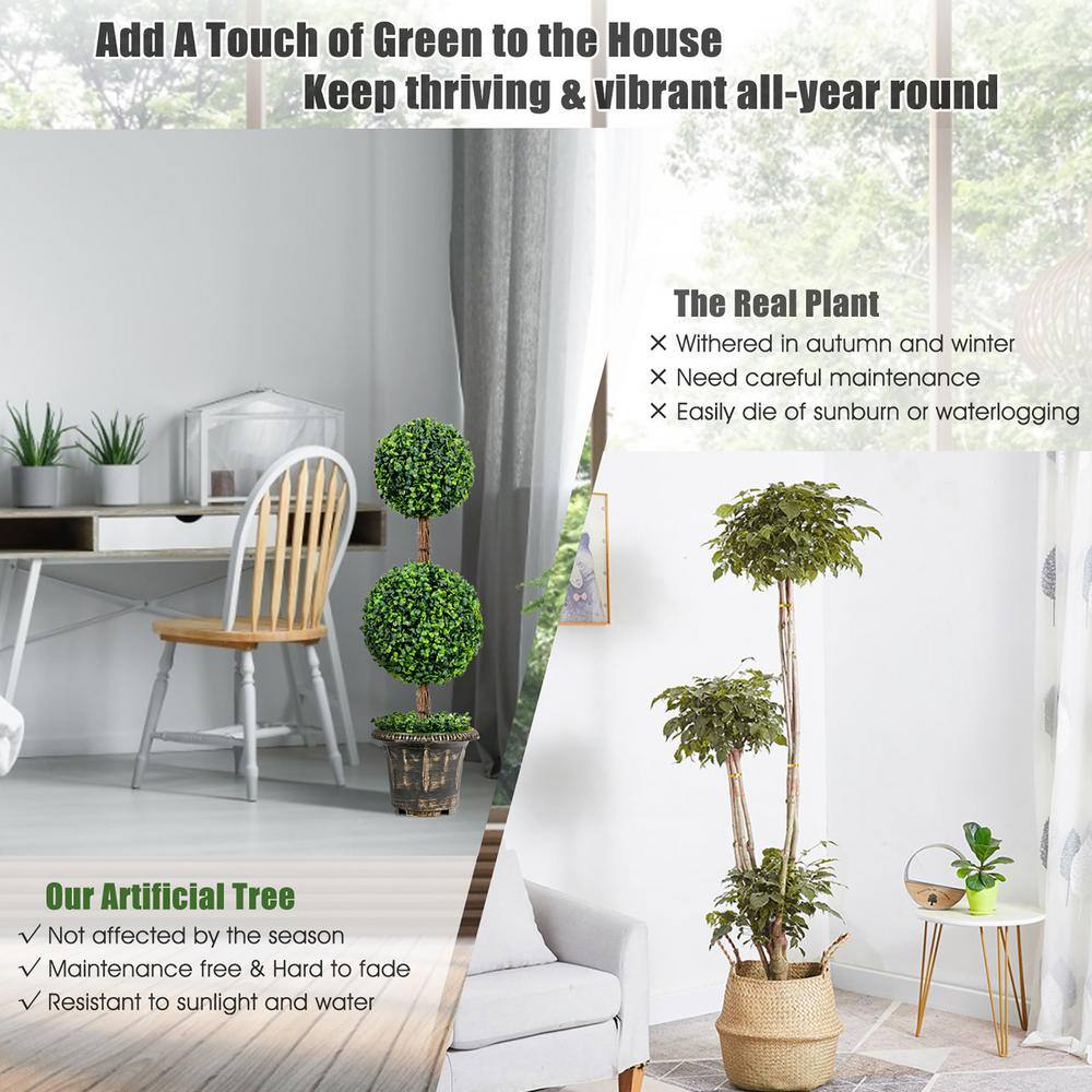 36'' Green Plastic Double Ball Topiary in Cement Pot