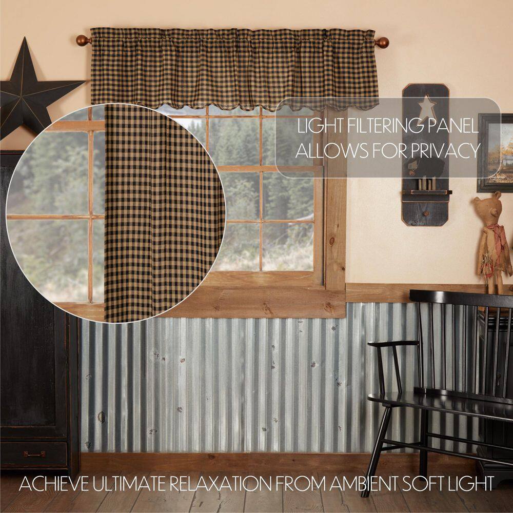 Black and Tan Checkered Scalloped Valance with Rod Pocket