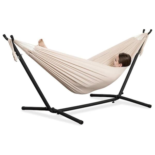9 ft. Portable Double Hammock with Stand in Beige, Heavy-Duty Steel Frame with Carrying Bag for Outdoor Relaxation
