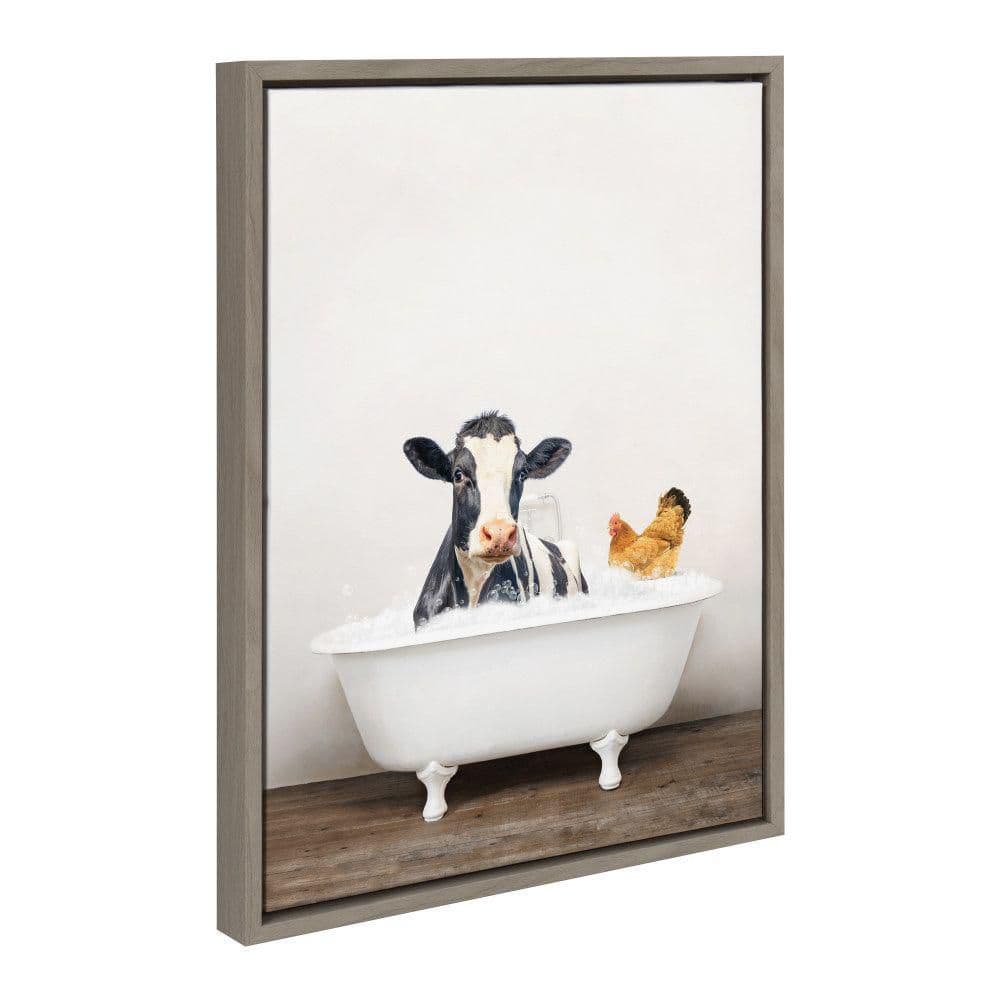 Gray Framed Canvas Print of Cow and Chicken in Bathtub, 18" x 24"