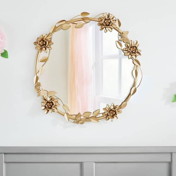 Medium Round Ornate Gold Leaf Mirror with Flowers and Butterflies (24 in.)