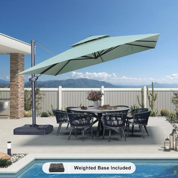 PURPLE LEAF 12 ft. Square Double Top Aluminum Rotation Outdoor Cantilever Patio Umbrella with Base, Mint Green