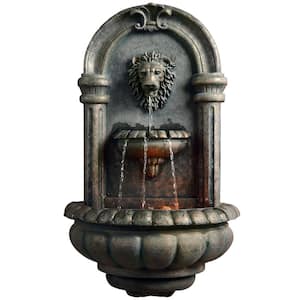 32 in. Tall Outdoor Tiered Lion Head Wall Fountain with LED Lights