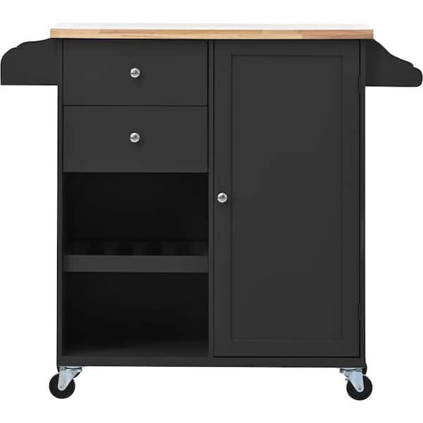 JimsMaison Black Rubberwood Kitchen Cart with Drop Leaf, Internal Storage Rack, Towel Holder, Spice Rack, and 2 drawers