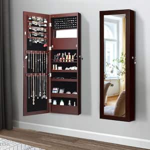 Brown Lockable Wall Door Mounted Mirror Jewelry Cabinet with LED Lights