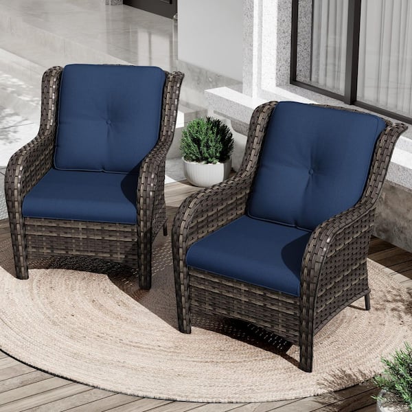 Ergonomic Arm 2-Piece Patio Wicker Outdoor Lounge Chair with Thick Blue Cushions