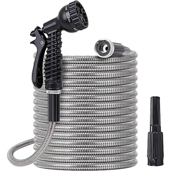 Fitting Size 3/4 in. Dia x 25 ft. Stainless Steel Heavy Duty Garden Hose with 2 Nozzles 12 Water Modes