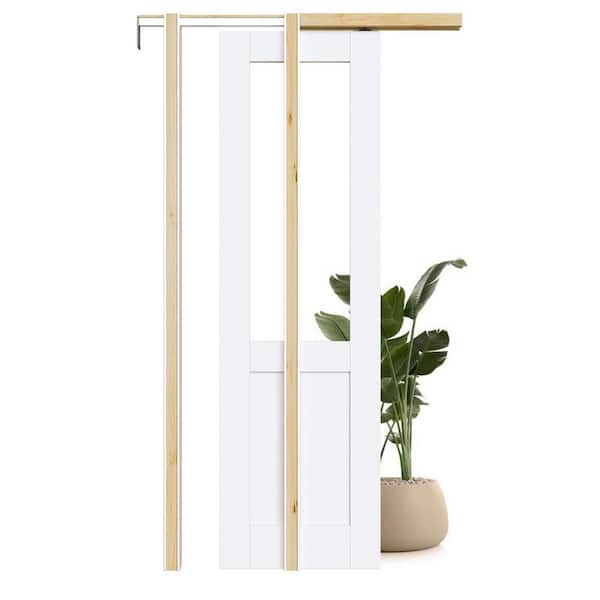 ARK DESIGN 24 in. x 80 in. 1/2-Lite Clear Glass Primed Solid Core Glass Pocket Door Frame and Hardware Soft Close Included