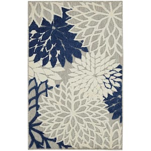 Aloha Ivory/Navy 3 ft. x 4 ft. Floral Modern Indoor/Outdoor Patio Kitchen Area Rug