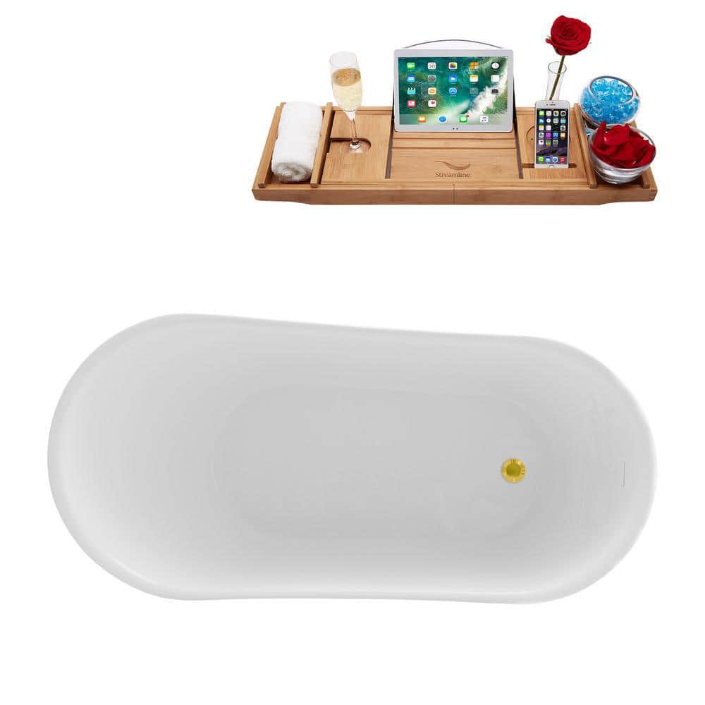 59'' Glossy White Freestanding Acrylic Bathtub with Gold Trim