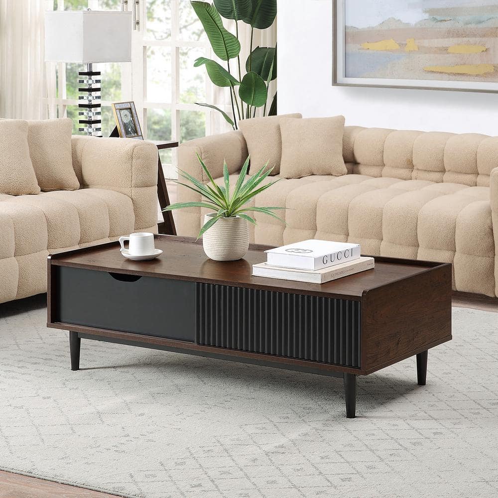 Duane Dark Brown and Black Ribbed Wood Coffee Table with Storage