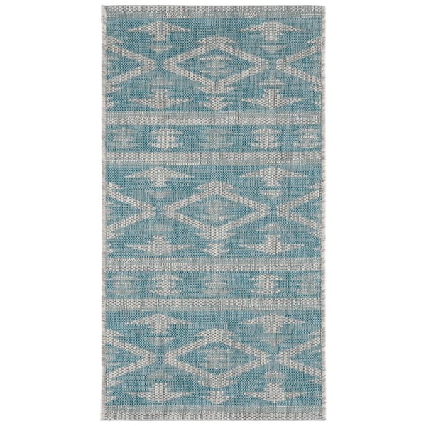 Courtyard Aqua/Gray 2 ft. x 4 ft. Geometric Striped Diamond Indoor/Outdoor Area Rug
