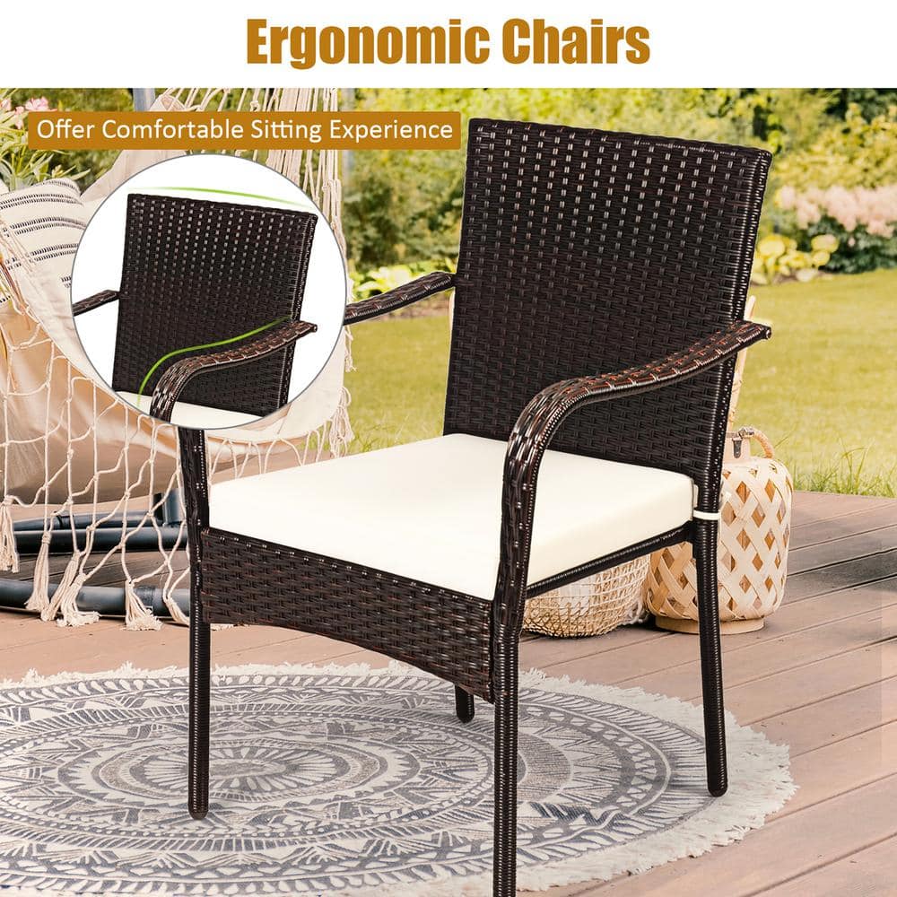Set of 4 Brown Rattan Outdoor Dining Chairs with White Cushions