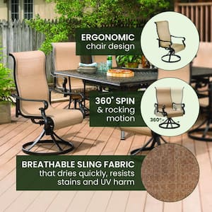 Brigantine 9-Piece Aluminum Outdoor Dining Set with an XL Cast-Top Table and 8-Slingback Swivel Rockers