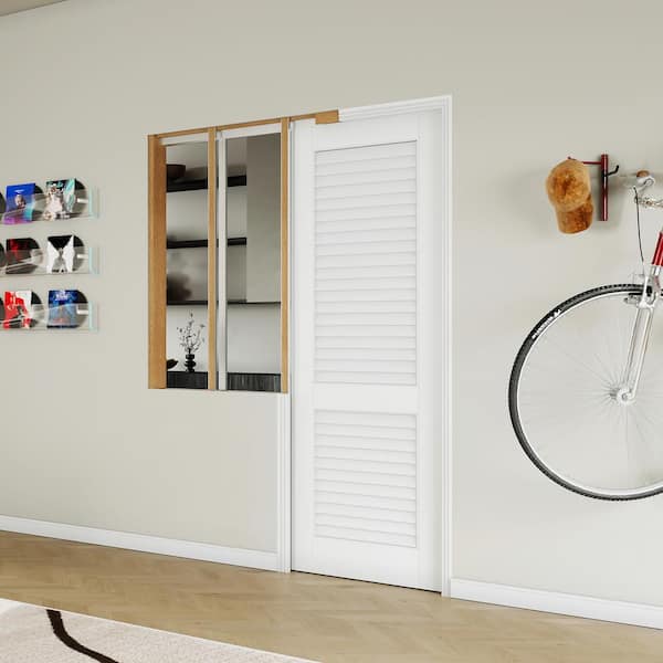 30 in. x 80 in. Pre-assembled Louvered Panel, MDF, White Primed Pocket Door Frame with Hardware