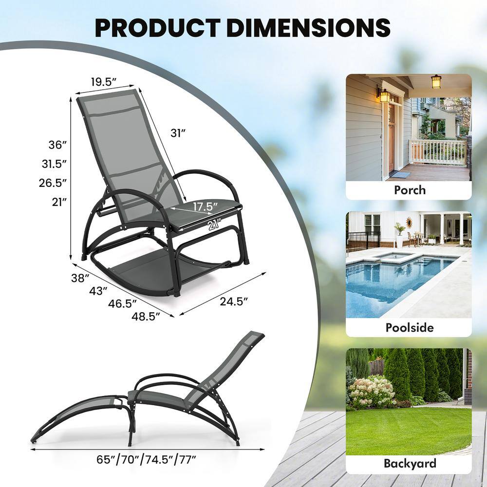 Dimension diagram of the adjustable rocking chair and lounger.