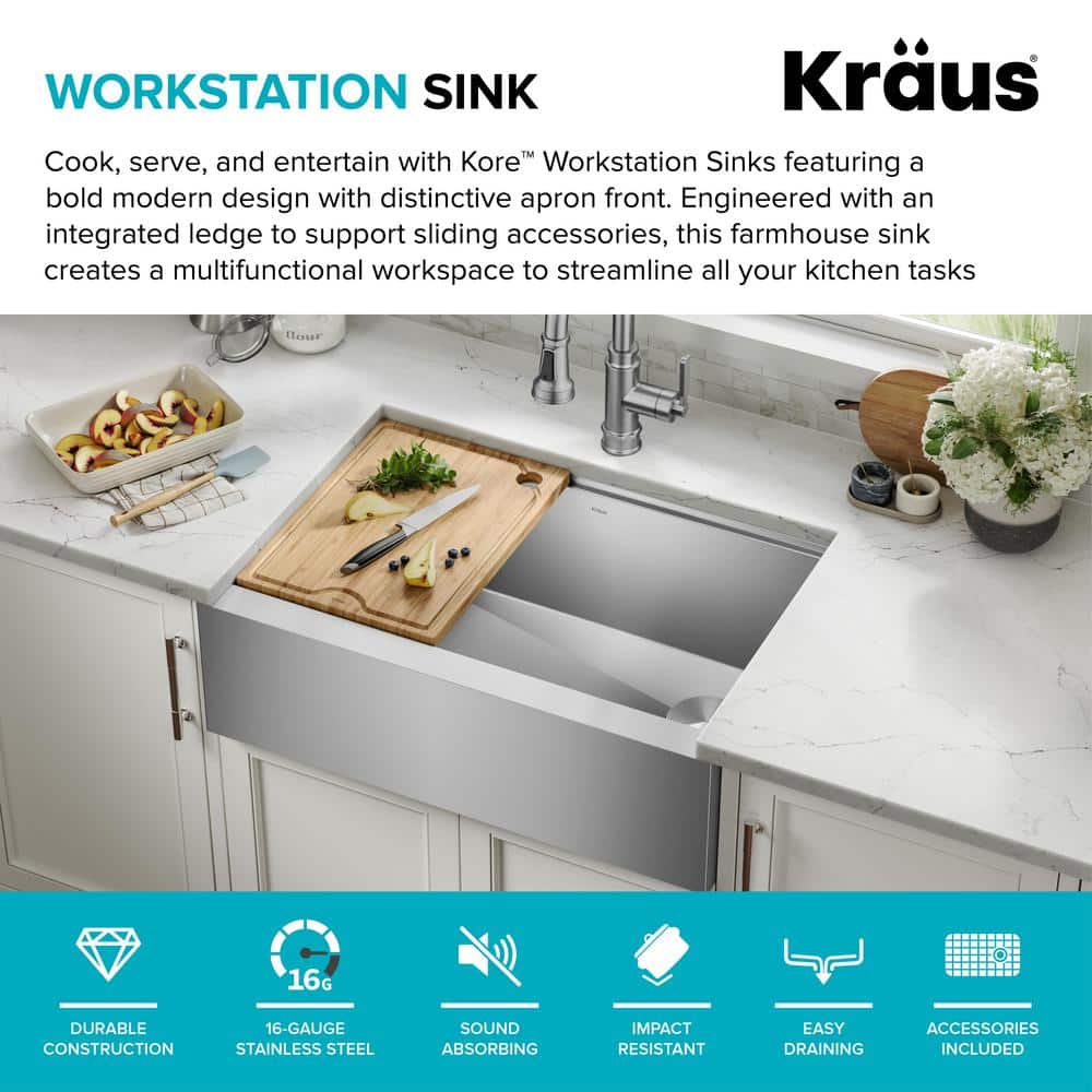 Kore 30-Inch Stainless Steel Farmhouse Workstation Sink with Accessories