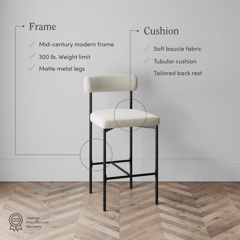 Light Cream Boucle Upholstered Counter Height Chair with Black Metal Legs