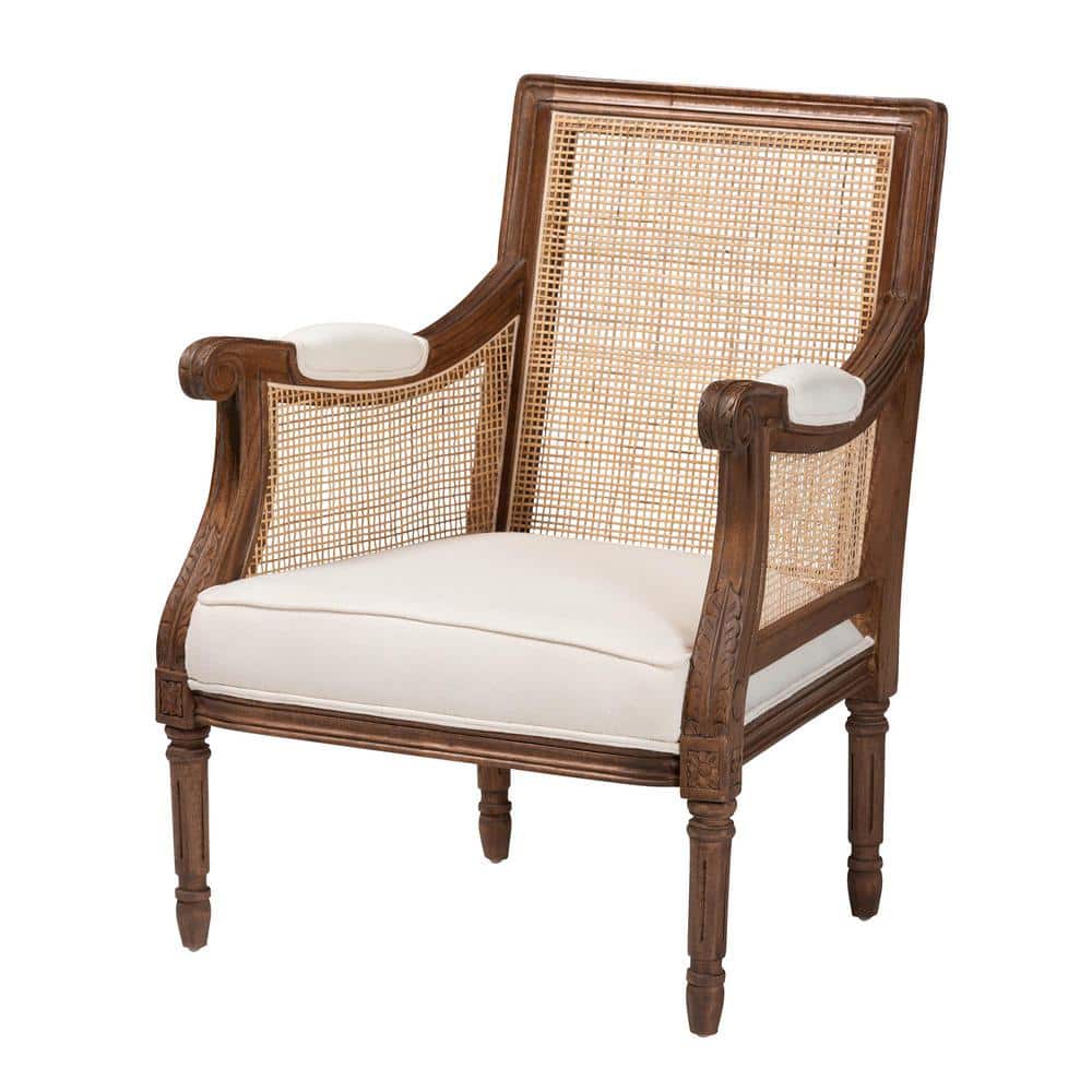 Beige Fabric and Walnut Wood Swoop Arm Accent Chair