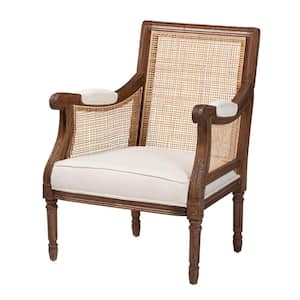 Desmond Beige and Walnut Brown Accent Chair with Natural Rattan