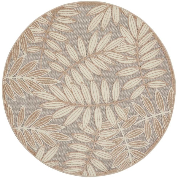 Nourison Aloha Natural 4 ft. Round Floral Modern Indoor/Outdoor Patio Area Rug