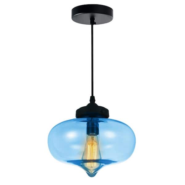 Glass 1 Light Black Down Mini Pendant with Blue Glass Shade