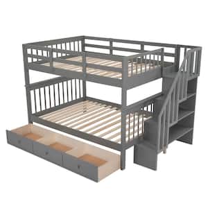Gray Stairway Full-Over-Full Bunk Bed with Drawer, Storage and Guard Rail for Bedroom