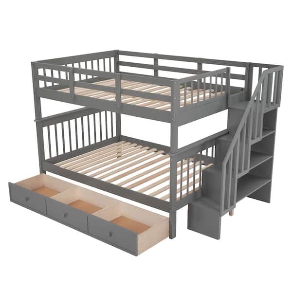 aisword Gray Stairway Full-Over-Full Bunk Bed with Drawer, Storage and Guard Rail for Bedroom
