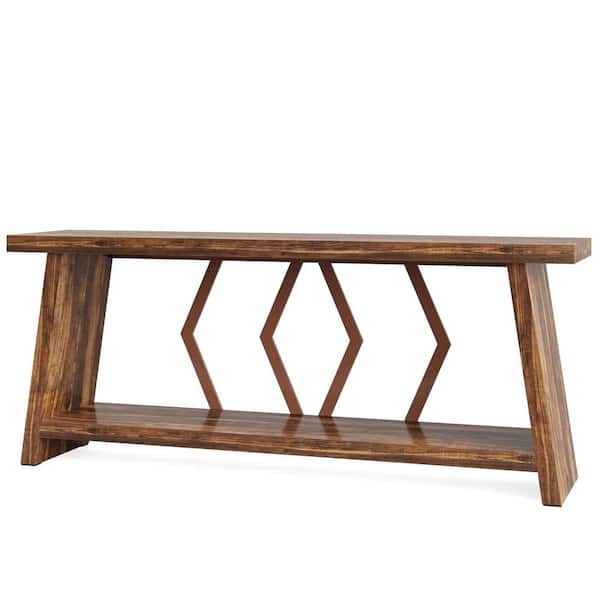 BYBLIGHT Turrella 70.86 in. Brown Console Tables, 2-Tier Rectangle Farmhouse Wooden Console Table with Storage for Living Room