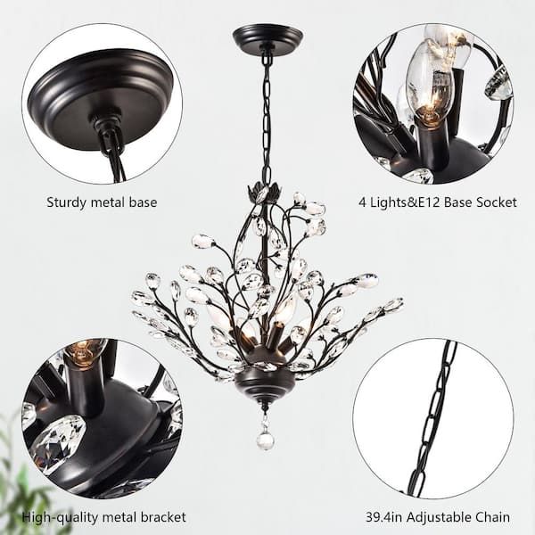 Maxax 4-Light 18 in. Black Crystal Modern Tiered Dimmable