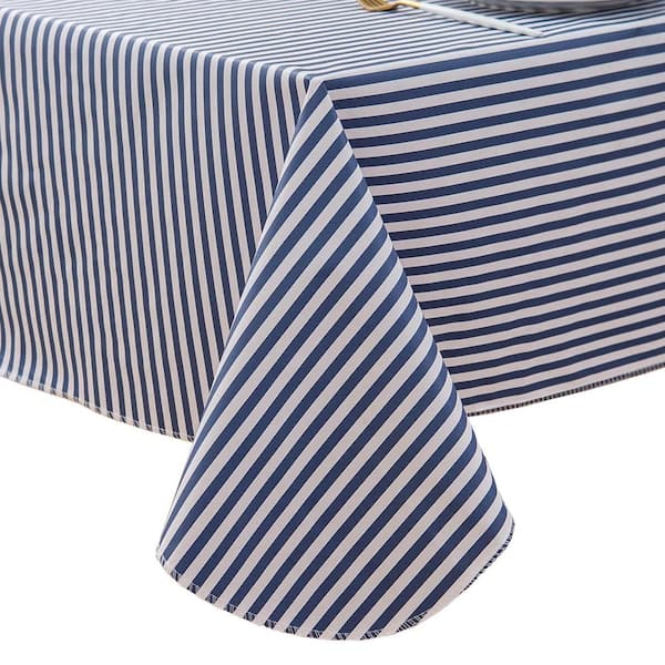 Angel Sar 84 in. x 60 in. Waterproof Oil-Proof Indoor/Outdoor Vinyl Tablecloth with Flannel Backing for Picnic BBQ, Blue Stripe